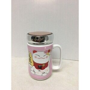 LUCKY CAT PINK CERAMIC MUG WITH SCREW ON MIRROR LID MANEKI NEKO